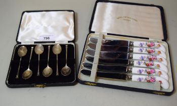 Cased set of six silver coffee spoons, together with a cased set of six Royal Crown Derby tea knives