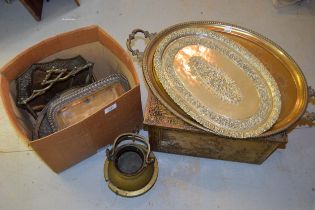 Oval brass floral embossed and plated dish, two handled tray, entrée dishes, coal box stand etc,