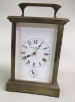 20th Century brass cased carriage clock, the white enamel dial with Roman numerals and subsidiary