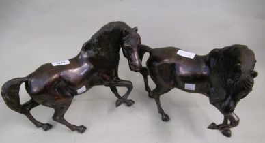 Pair of heavy brown patinated bronze figures of horses