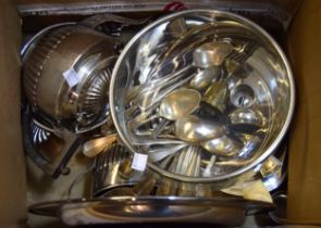 Box containing various silver plated items, including a three piece plated tea set, various flatware