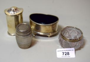 Three various silver condiments and a silver mounted cut glass salt