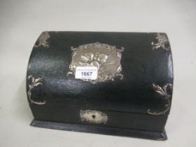 London silver mounted leather stationery box, with silver Whispers decoration (including key),