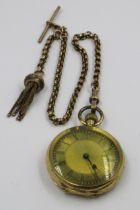 18ct Yellow gold fob watch with engraved case, together with a yellow metal Albert chain, 44g