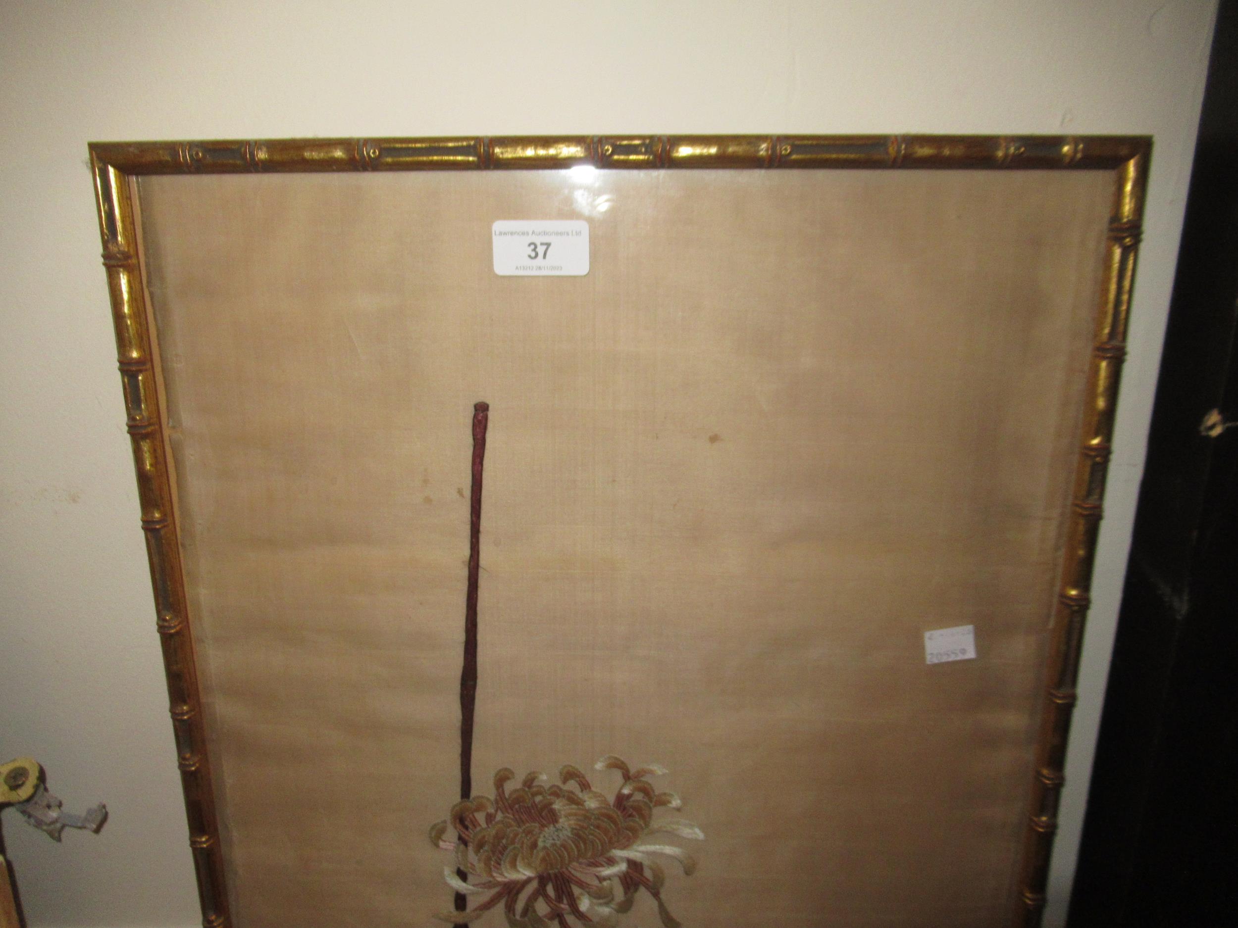 Japanese silkwork picture depicting poultry in foliage, in a simulated bamboo gilt frame, 143 x 38cm - Image 3 of 10
