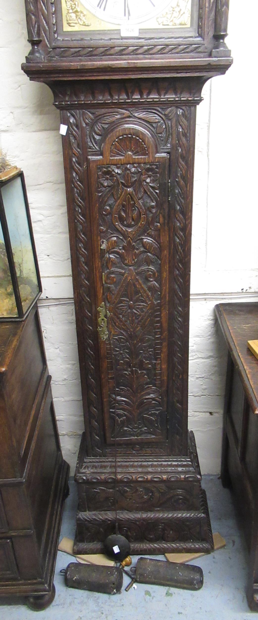 Oak longcase clock, the later carved case with a square hood above an arched panel door and - Image 2 of 5