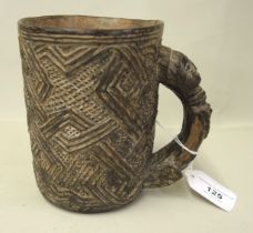 Congolese (Kuba) tribal african palm wood wine cup with carved figural handle, 13.5cm high (split to