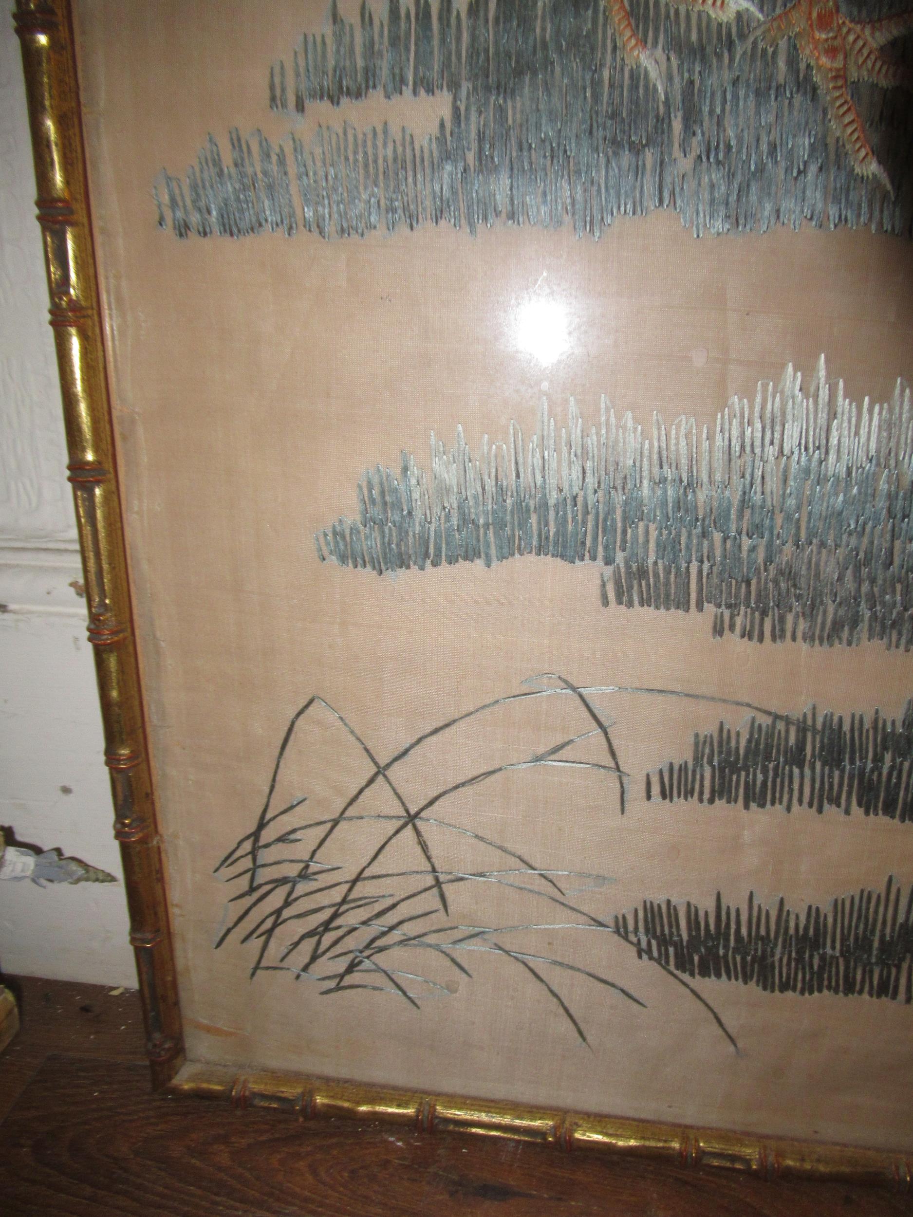 Japanese silkwork picture depicting poultry in foliage, in a simulated bamboo gilt frame, 143 x 38cm - Image 7 of 10