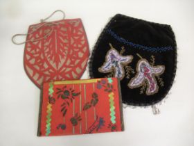 19th Century Turkish velvet and beadwork purse, together with two Bohemian fabric purses