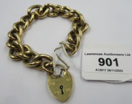 Heavy 9ct gold curb link bracelet with padlock clasp, 74g Links are solid. Mid to late 20th Century.