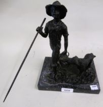 Attributed to Jill Sanders, dark patinated bronze group of a boy with dog on a marble plinth base,