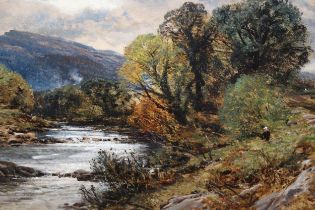 Frederick William Hulme, oil on board, a Welsh river landscape with angler, signed, 21cms x 31cms,