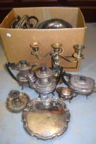 Quantity of silver plated items including candelabra, tea ware, entree dishes etc.