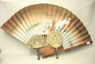 Large Chinese bamboo and hand painted paper fan decorated with flowers, storks and a swallow, 60cm