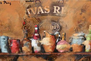 Jordi Prat Pons, oil / collage, pair of still life studies of bottles on shelves, signed, 20cm x