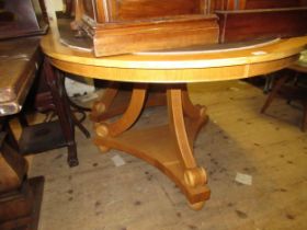 Mid to late 20th Century honey oak and sycamore crossbanded twin pedestal D-end dining table, raised