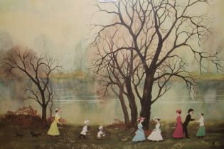 Helen Bradley, artist signed coloured print, figures beside a lake, 36 x 55cm, gilt framed