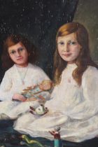 Early 20th Century English school oil on canvas, portrait of two young girls playing in a nursery,