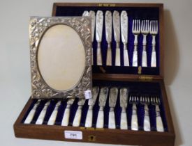 Cased set of twelve silver plated fish knives and forks with mother of pearl handles and silver