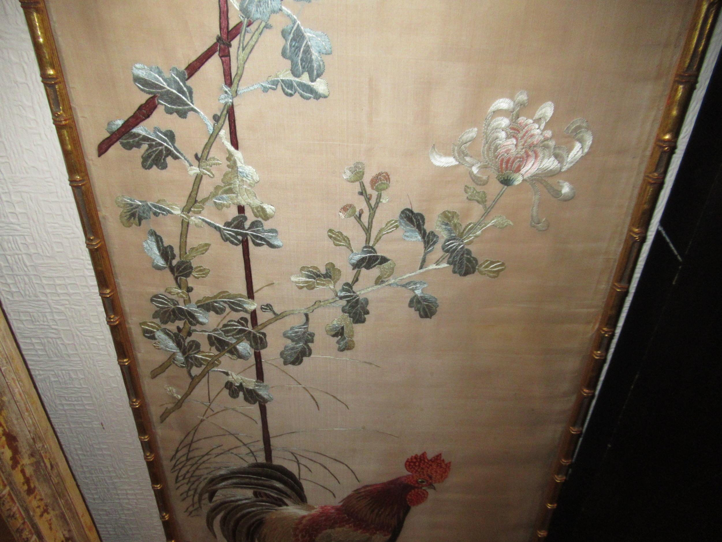 Japanese silkwork picture depicting poultry in foliage, in a simulated bamboo gilt frame, 143 x 38cm - Image 5 of 10