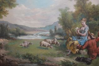 Oil on board, figures and sheep in an extensive landscape, signed Jenkins, 24ins x 48ins, in a