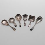 SIX VARIOUS ANTIQUE CADDY SPOONS:-.
