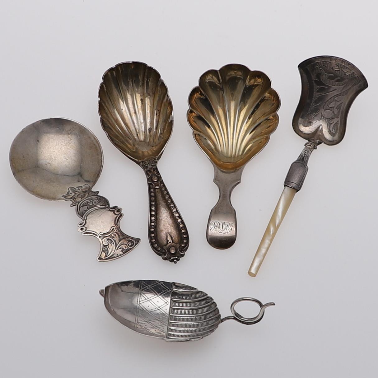 FIVE VARIOUS ANTIQUE CADDY SPOONS:-.