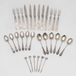 A GEORGE V CASED SET OF SIX PAIRS OF MOTHER-OF-PEARL HANDLED FRUIT KNIVES & FORKS.