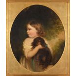 SIR JOSHUA REYNOLDS, PRA (1723-1792). Follower of. PORTRAIT OF A YOUNG GIRL WITH HER PET SPANIEL.