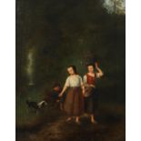 FERDINAND DE BRAEKELEER (1792-1883). Follower of. FIGURES WITH A DOG BY A WOODLAND STREAM.