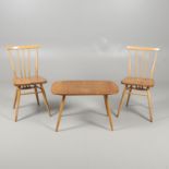 VINTAGE ERCOL SIDE TABLE AND TWO DINING CHAIRS.