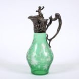 AUSTRO-HUNGARIAN, SILVER & ETCHED GREEN GLASS CLARET JUG.