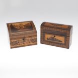 VICTORIAN TUNBRIDGE WARE STATIONARY BOX & ANOTHER FITTED BOX.