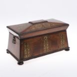 A REGENCY ROSEWOOD AND BRASS INLAID TEA CADDY.