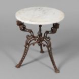 A CAST IRON COALBROOKDALE MARBLE-TOPPED GARDEN TABLE.