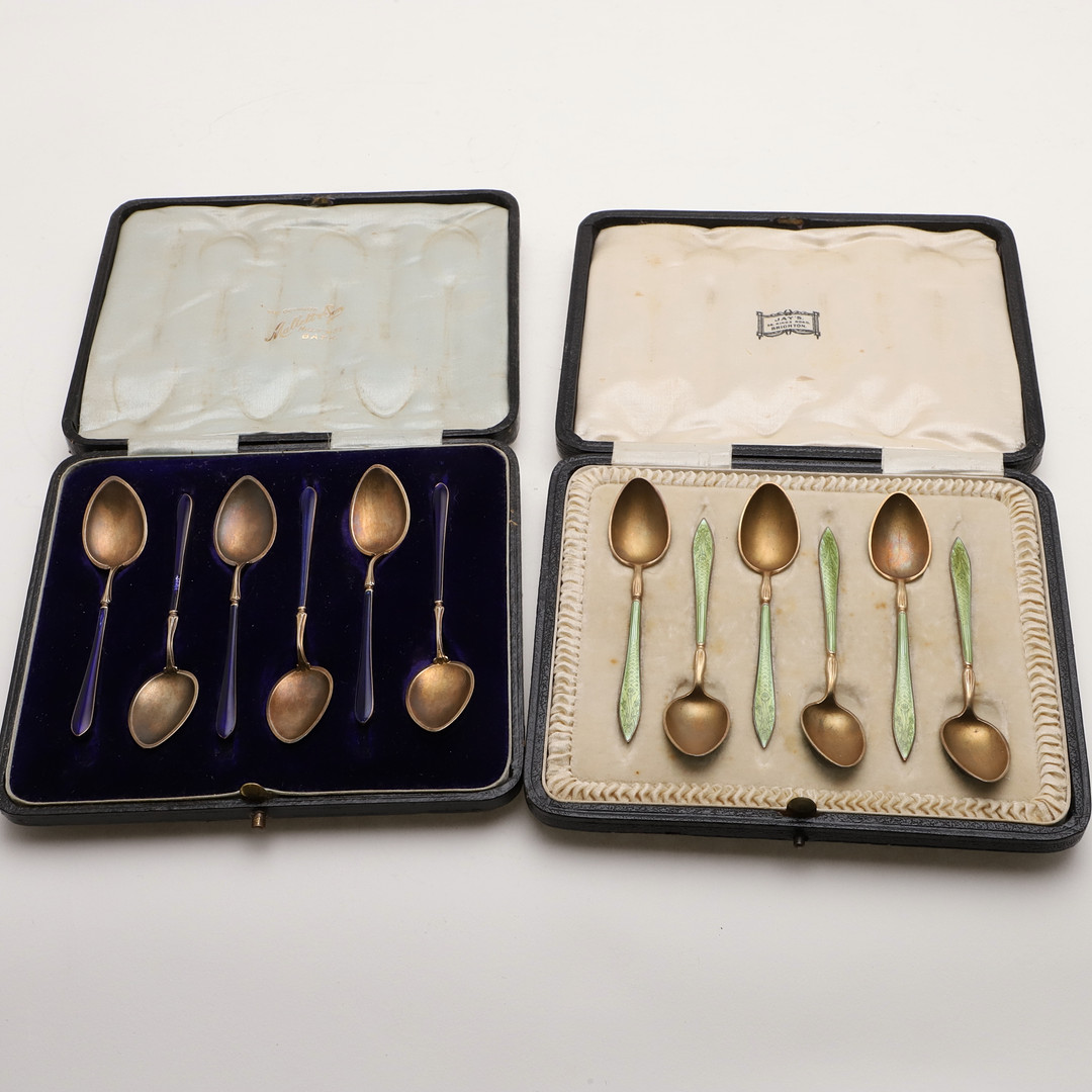 TWO CASED SETS OF LATE 19TH/ EARLY 20TH CENTURY NORWEGIAN SILVERGILT & ENAMEL COFFEE SPOONS. - Image 2 of 3