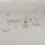 ANTIQUE GLASS ITEMS INCLUDING CANDLEABRA, ICE DECANTER & OTHER ASSORTED ITEMS.