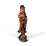 LARGE CHINESE CARVED WOODEN FIGURE - GUANYIN.
