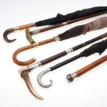 SWAINE & ADENEY SILVER RIDING CROP, BRIGG SILVER HANDLED LADIES PARASOL, GOLD MOUNTED UMBRELLA & OTH