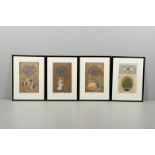 INDIAN INTEREST - THREE UNUSUAL FRAMED PAINTINGS ON COURT FEE DOCUMENTS & BANK NOTE.