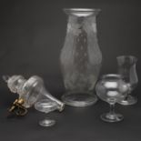 ANTIQUE GLASS ITEMS - INCLUDING LEECH JAR, GAS LAMP, STORM LAMP SHADE & OTHER ITEMS.