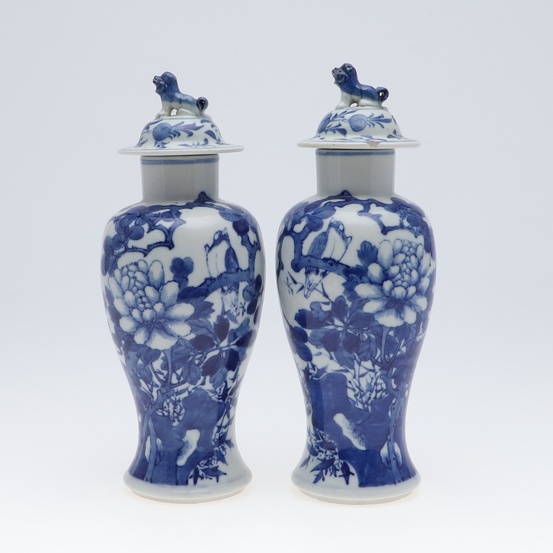 PAIR OF CHINESE BLUE & WHITE VASES & COVERS. - Image 2 of 12