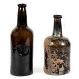 18THC GLASS SEAL BOTTLE 'ALL SOULS COLLEGE OXFORD', & ANOTHER GLASS BOTTLE.