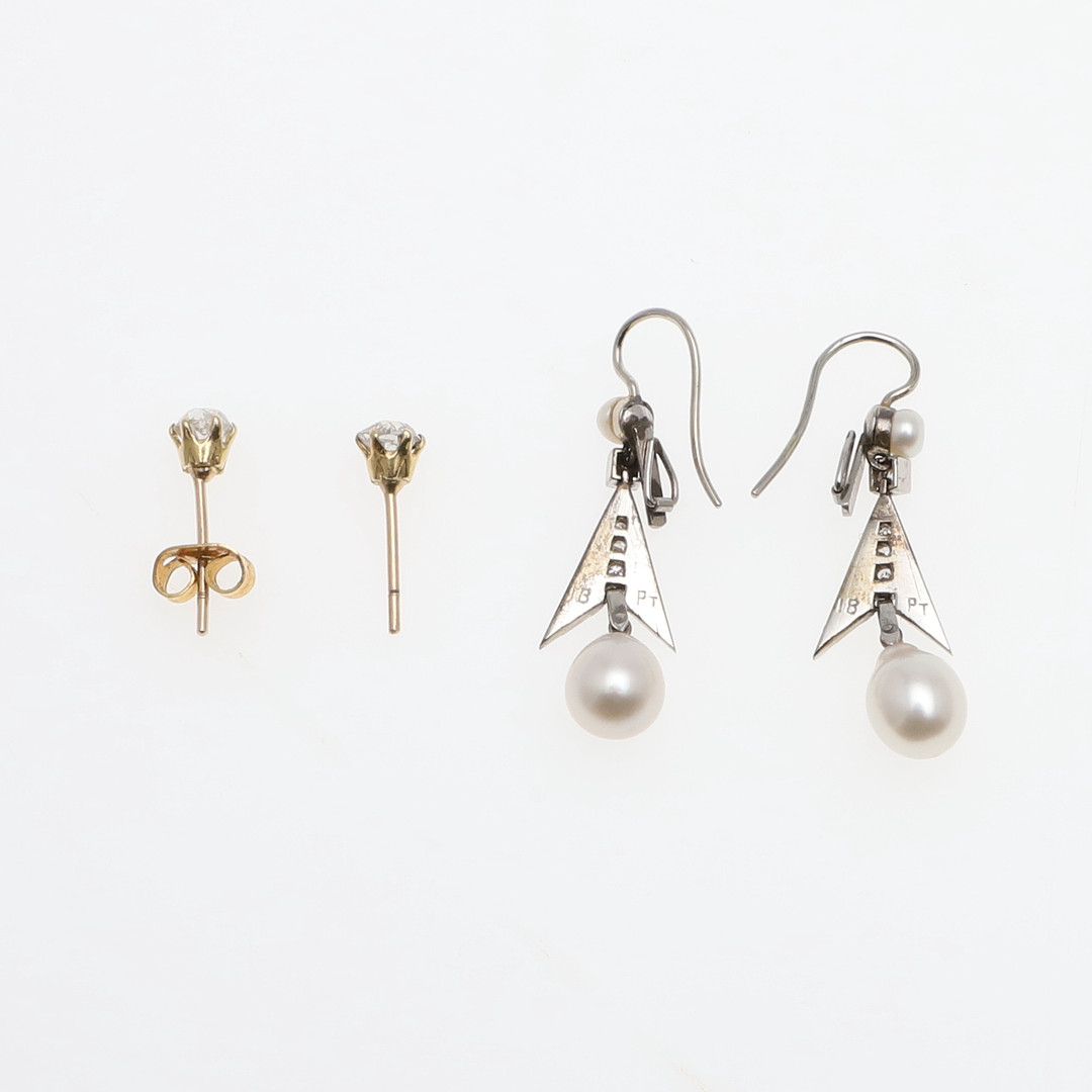 A PAIR OF DIAMOND AND CULTURED PEARL DROP EARRINGS. - Image 3 of 3