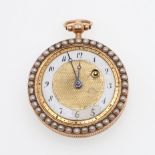 A GOLD AND ENAMEL OPEN FACED POCKET WATCH.