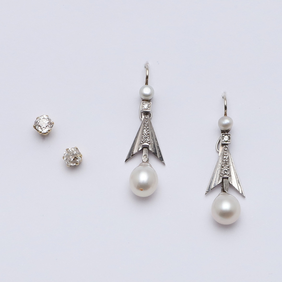 A PAIR OF DIAMOND AND CULTURED PEARL DROP EARRINGS. - Image 2 of 3