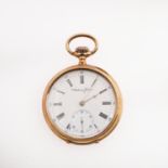 A 14CT GOLD OPEN FACED POCKET WATCH BY ANTOINE FRERES.