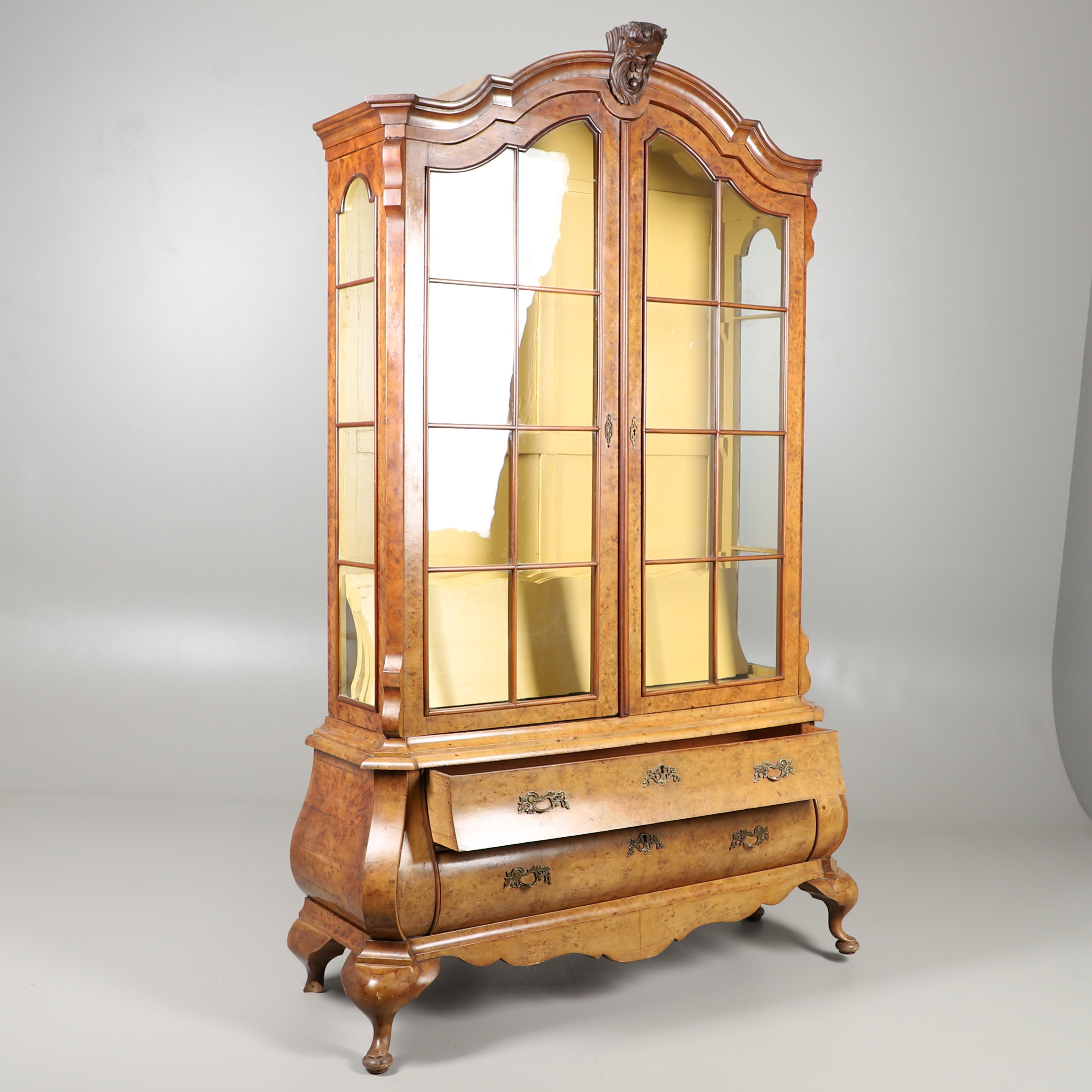 A WILLIAM & MARY STYLE BURR WALNUT DISPLAY CABINET.