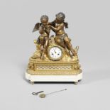 A FRENCH ORMOLU AND WHITE MARBLE MOUNTED MANTEL CLOCK.