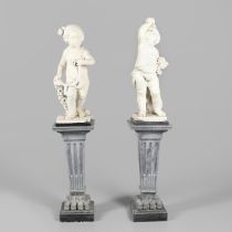 A PAIR OF RESIN 'MARBLE' STATUES OF ALLEGORICAL CHILDREN.
